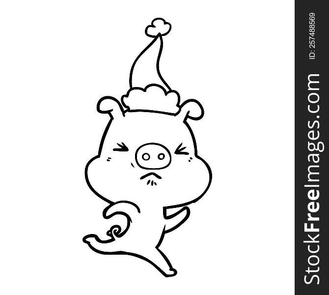 Line Drawing Of A Annoyed Pig Running Wearing Santa Hat