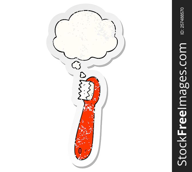 cartoon toothbrush with thought bubble as a distressed worn sticker