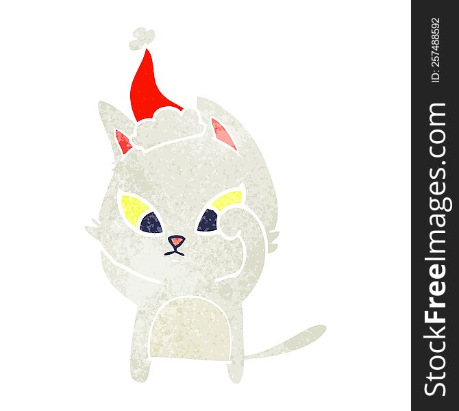 Confused Retro Cartoon Of A Cat Wearing Santa Hat