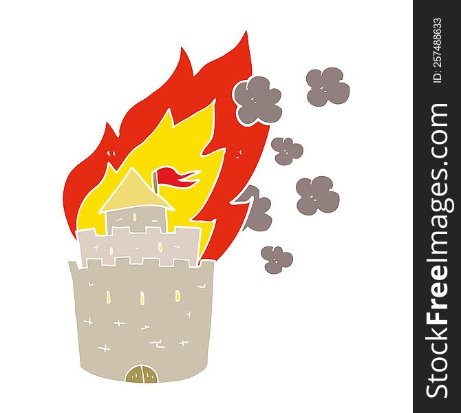 Flat Color Illustration Of A Cartoon Burning Castle
