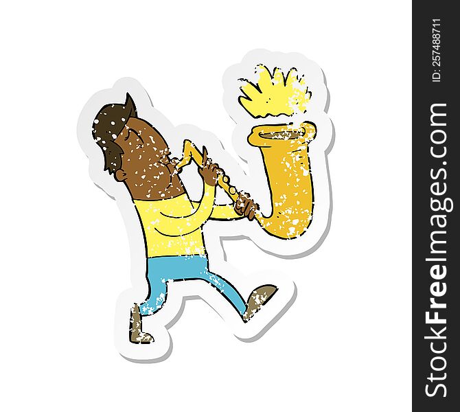 Retro Distressed Sticker Of A Cartoon Man Blowing Saxophone