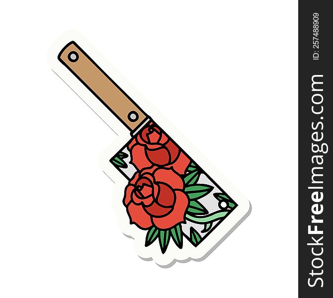 Tattoo Style Sticker Of A Cleaver And Flowers
