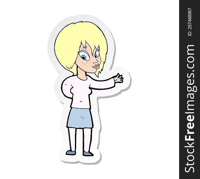 sticker of a cartoon woman making welcome gesture