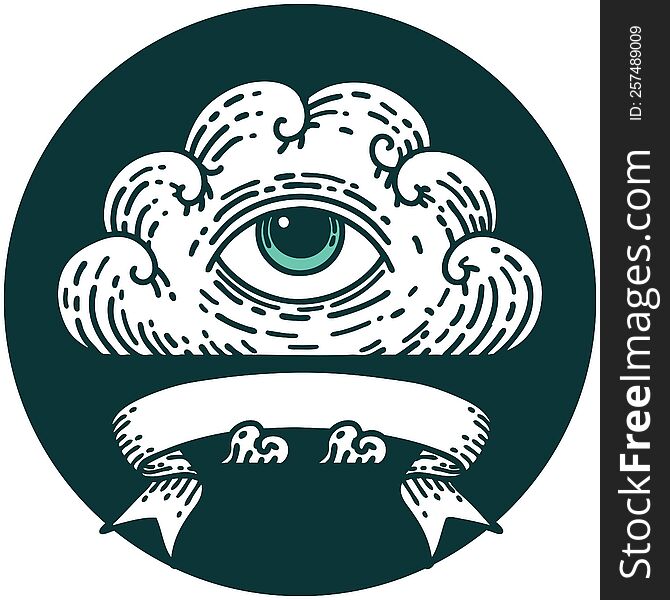 tattoo style icon with banner of an all seeing eye cloud