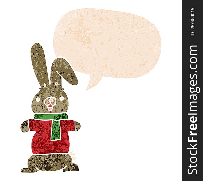 Cartoon Rabbit And Speech Bubble In Retro Textured Style