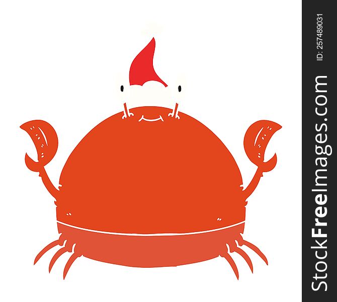 hand drawn flat color illustration of a crab wearing santa hat