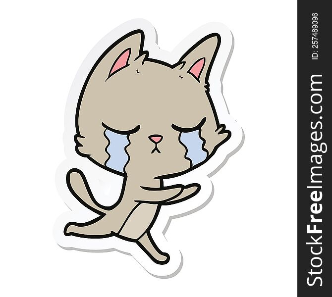 Sticker Of A Crying Cartoon Cat Running