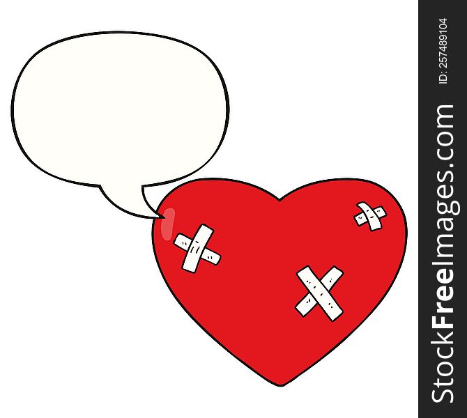 cartoon beaten up heart with speech bubble. cartoon beaten up heart with speech bubble