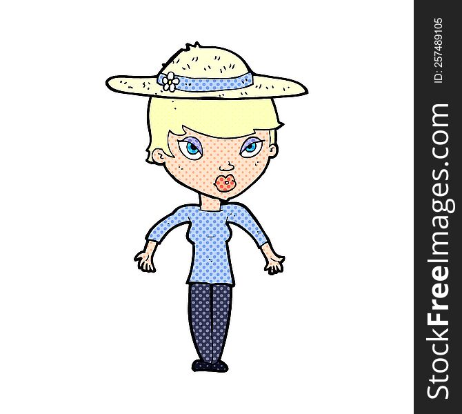cartoon woman wearing summer hat. cartoon woman wearing summer hat