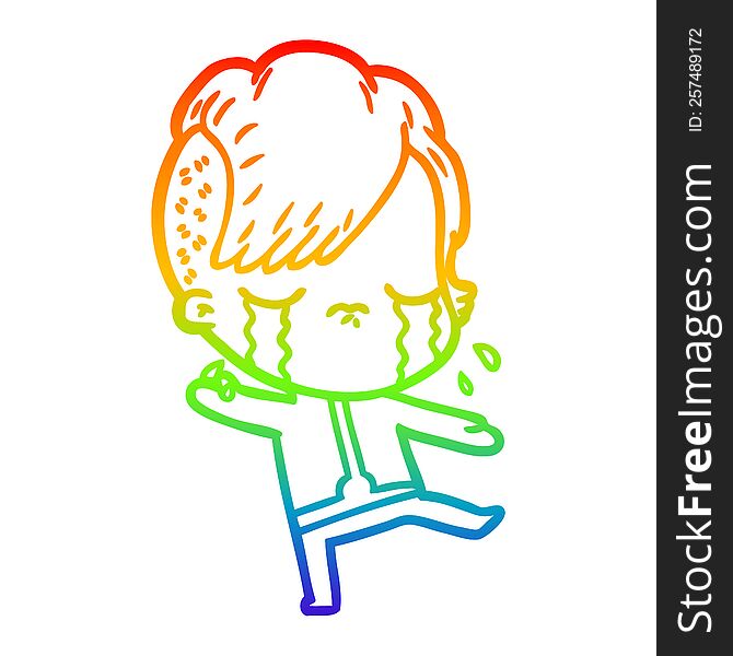 rainbow gradient line drawing of a cartoon crying girl wearing space clothes