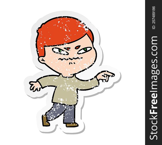 distressed sticker of a cartoon angry man pointing