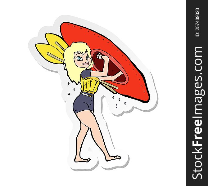 Sticker Of A Cartoon Woman Carrying Canoe