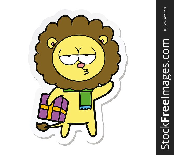 Sticker Of A Cartoon Tired Lion With Gift