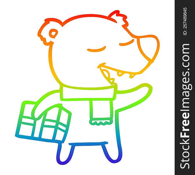 Rainbow Gradient Line Drawing Cartoon Bear With Present