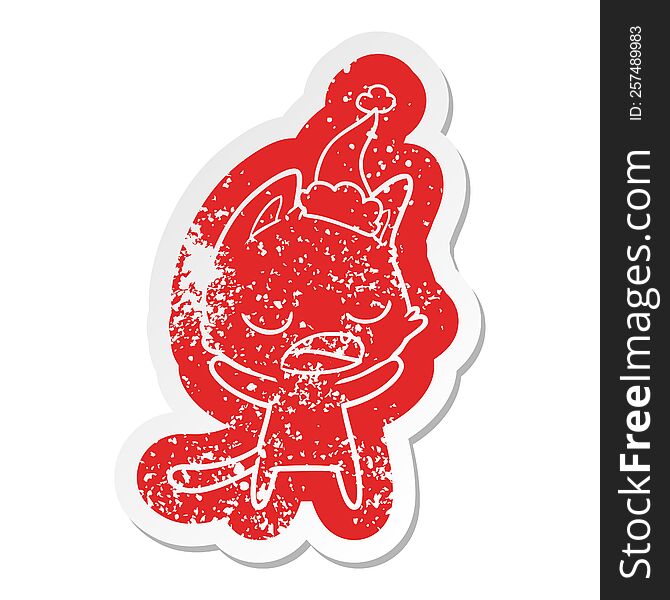 Talking Cat Cartoon Distressed Sticker Of A Wearing Santa Hat