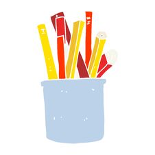 Flat Color Illustration Of A Cartoon Desk Pot Of Pencils And Pens Royalty Free Stock Image