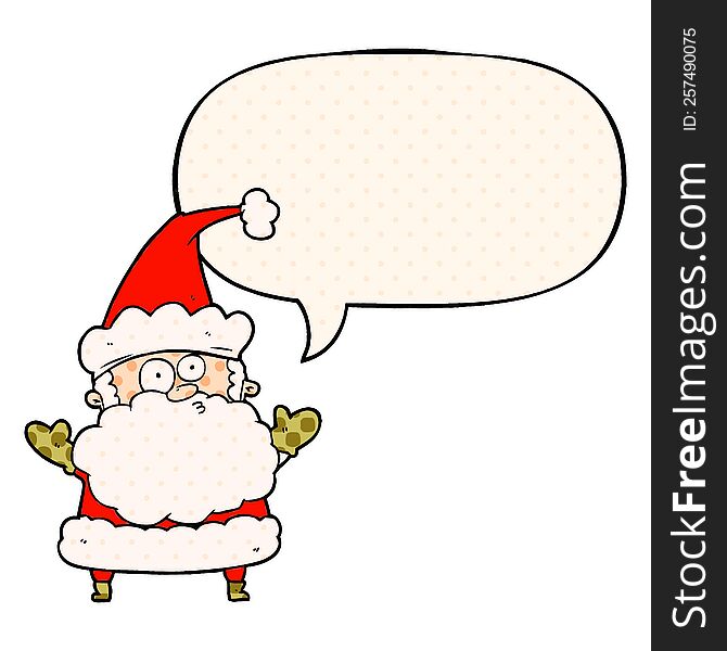 Cartoon Confused Santa Claus Shurgging Shoulders And Speech Bubble In Comic Book Style
