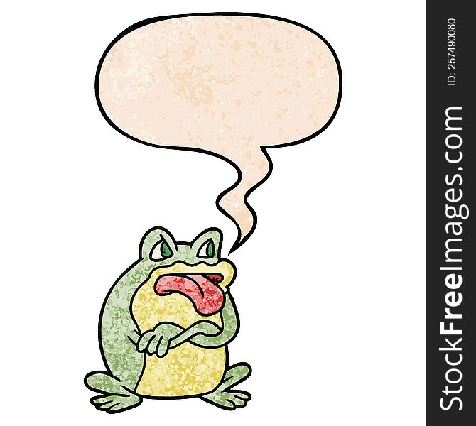 grumpy cartoon frog with speech bubble in retro texture style