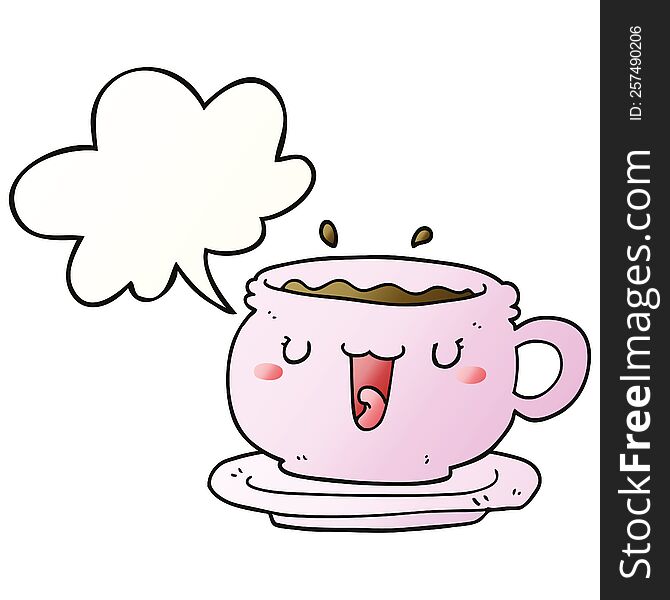 cute cartoon cup and saucer with speech bubble in smooth gradient style