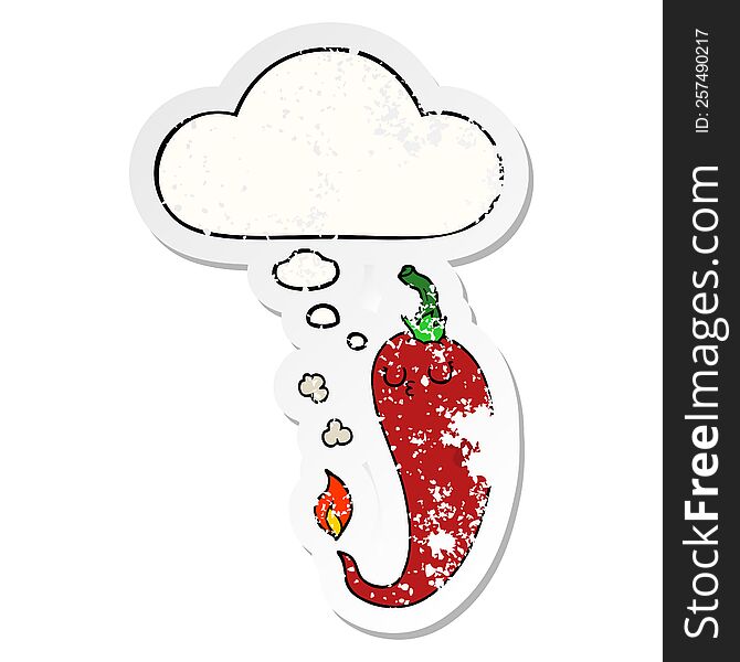 Cartoon Hot Chili Pepper And Thought Bubble As A Distressed Worn Sticker