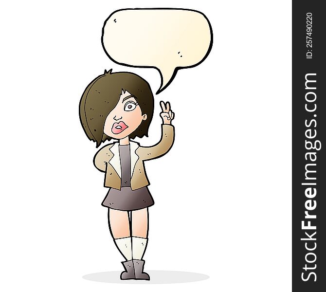 Cartoon Cool Girl Giving Peace Sign With Speech Bubble