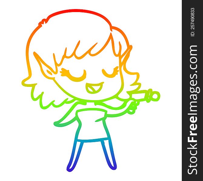 rainbow gradient line drawing of a happy cartoon space girl with ray gun