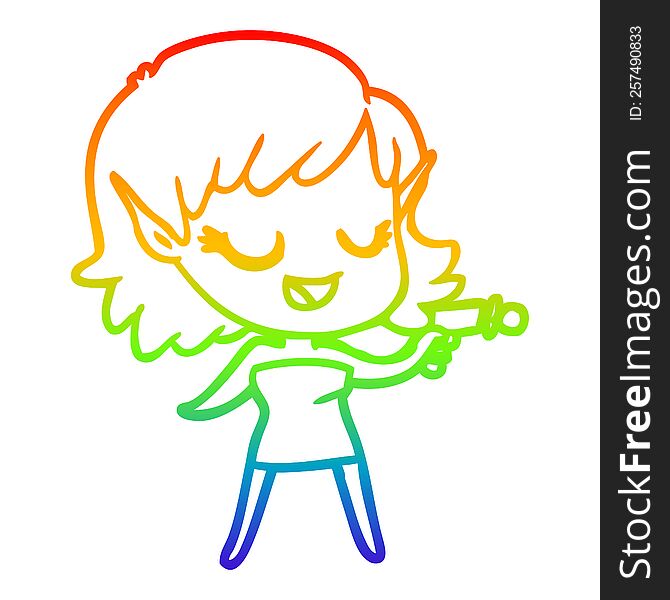 rainbow gradient line drawing happy cartoon space girl with ray gun