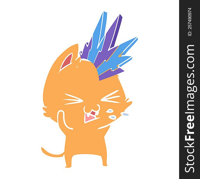 flat color style cartoon punk rock cat hissing