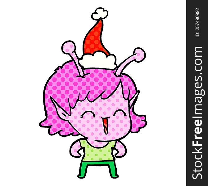 hand drawn comic book style illustration of a alien girl laughing wearing santa hat
