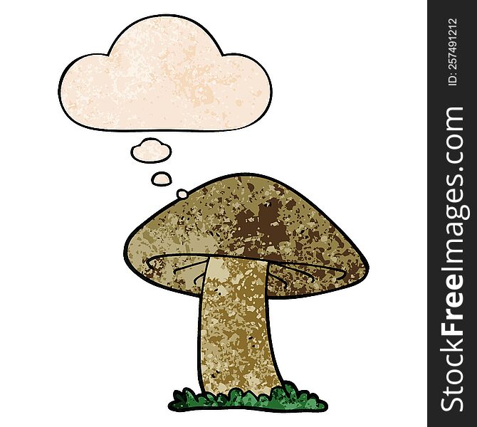 Cartoon Mushroom And Thought Bubble In Grunge Texture Pattern Style