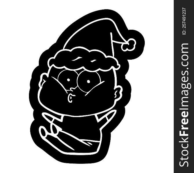 quirky cartoon icon of a bald man staring wearing santa hat