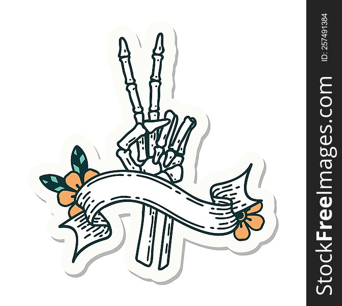 tattoo style sticker with banner of a skeleton giving a peace sign. tattoo style sticker with banner of a skeleton giving a peace sign