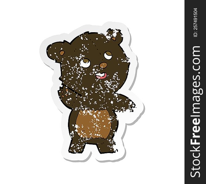 Retro Distressed Sticker Of A Cartoon Cute Waving Black Bear Teddy
