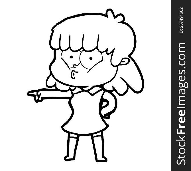cartoon whistling girl pointing. cartoon whistling girl pointing
