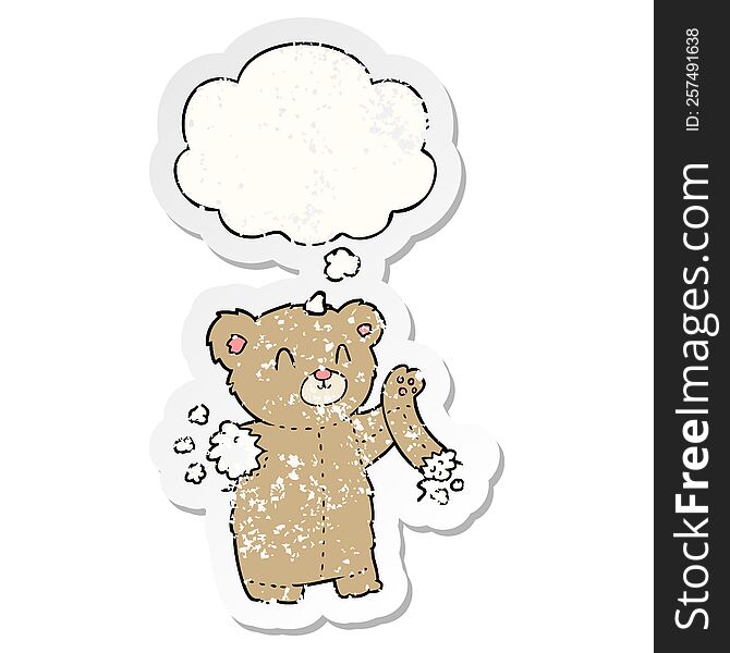 cartoon teddy bear with torn arm with thought bubble as a distressed worn sticker