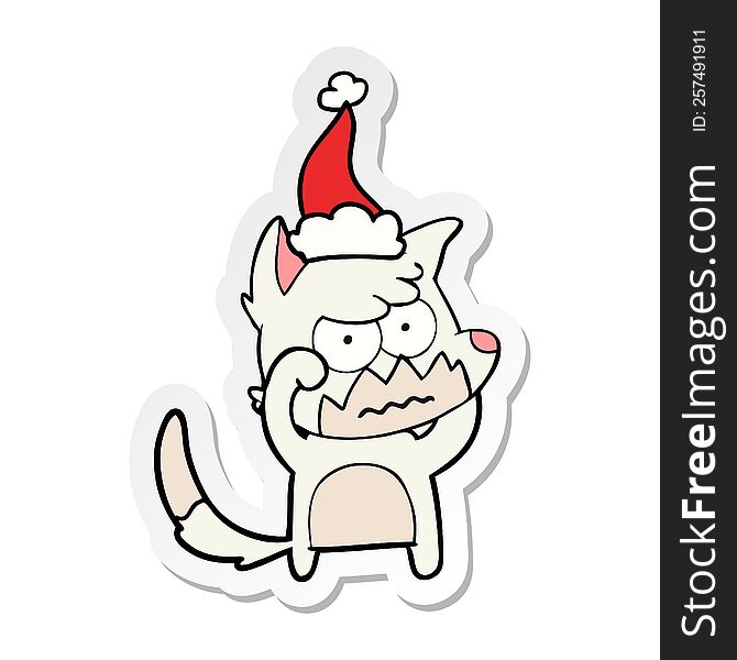 hand drawn sticker cartoon of a annoyed fox wearing santa hat