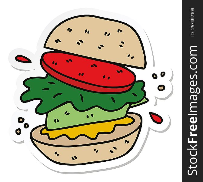 Sticker Of A Quirky Hand Drawn Cartoon Veggie Burger