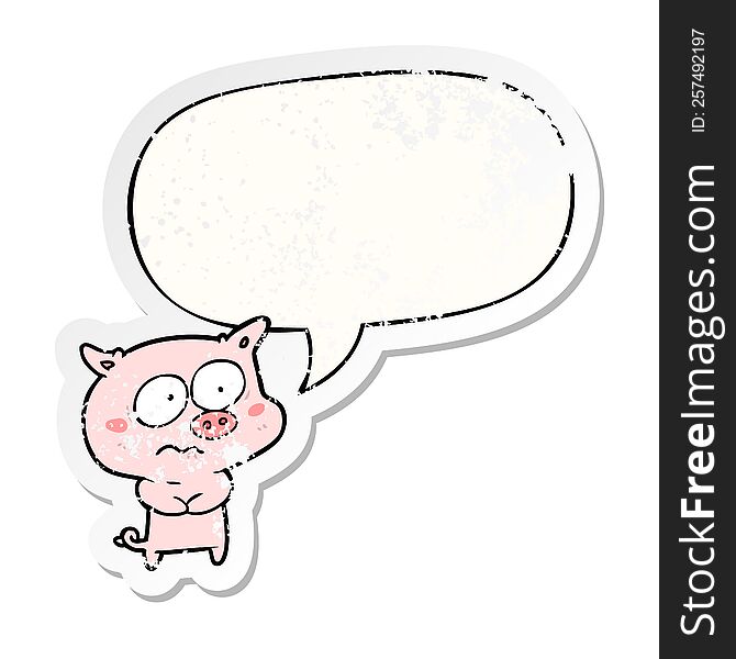 Cartoon Nervous Pig And Speech Bubble Distressed Sticker