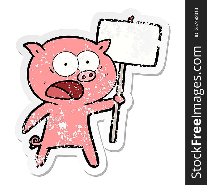Distressed Sticker Of A Cartoon Pig Protesting
