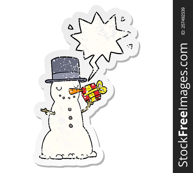 cartoon christmas snowman with speech bubble distressed distressed old sticker. cartoon christmas snowman with speech bubble distressed distressed old sticker