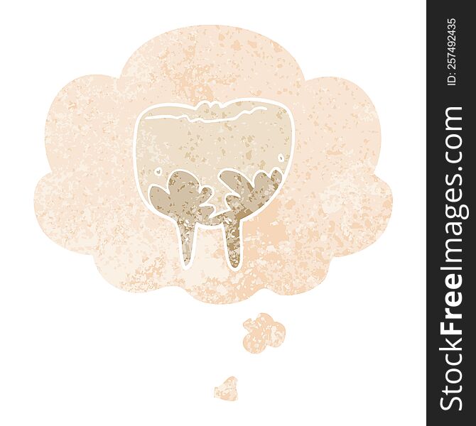 cartoon tooth with thought bubble in grunge distressed retro textured style. cartoon tooth with thought bubble in grunge distressed retro textured style