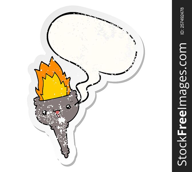cartoon flaming chalice with speech bubble distressed distressed old sticker. cartoon flaming chalice with speech bubble distressed distressed old sticker