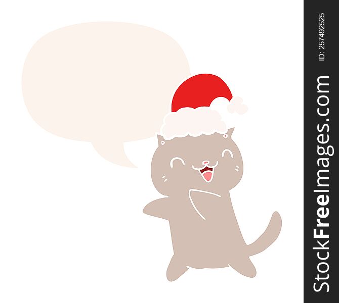 Cute Cartoon Christmas Cat And Speech Bubble In Retro Style