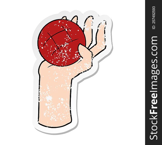 Distressed Sticker Of A Cartoon Hand Throwing Ball