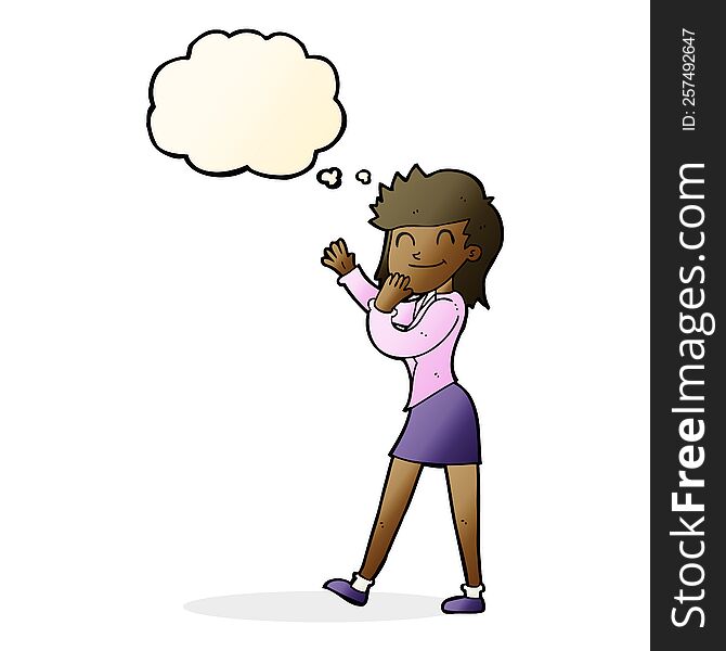 cartoon happy businesswoman with thought bubble