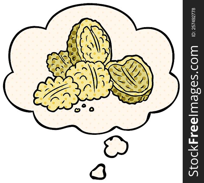 cartoon walnuts with thought bubble in comic book style