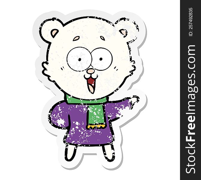 distressed sticker of a laughing teddy  bear cartoon in winter clothes