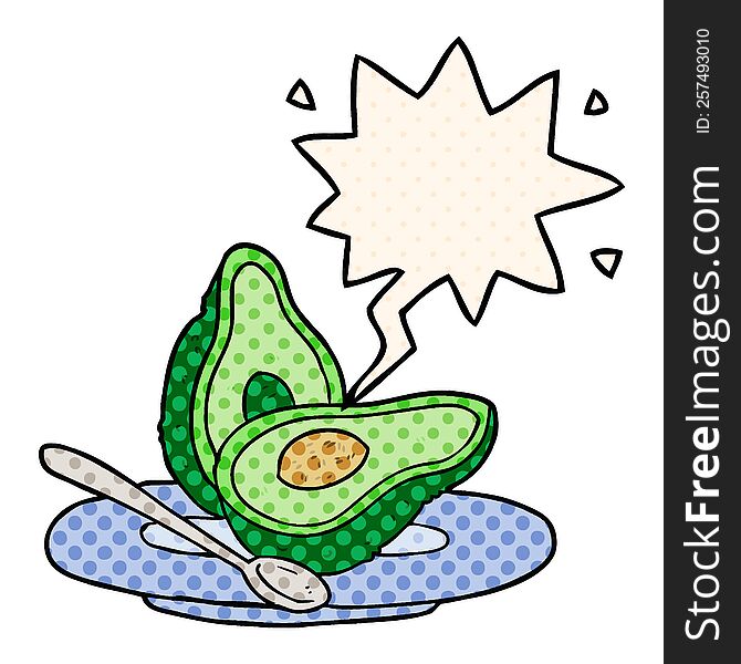 Cartoon Halved Avocado And Speech Bubble In Comic Book Style