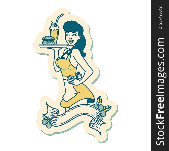 sticker of tattoo in traditional style of a pinup waitress girl with banner. sticker of tattoo in traditional style of a pinup waitress girl with banner