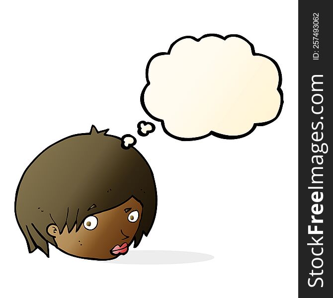 cartoon female face with raised eyebrow with thought bubble